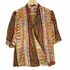 J Mode USA Blouse Draped Front Crossover Warm Colors Tribal Women’s Size Large